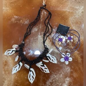 Black, Violet and White Shell Jewelry Set- necklaces + earrings
